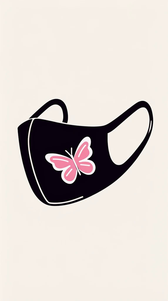 black face mask illustration, flat vector art, bold outlines, curved ear loops, minimalist pink and white butterfly graphic on the dark fabric, isolated on a solid off-white background, crisp graphic design