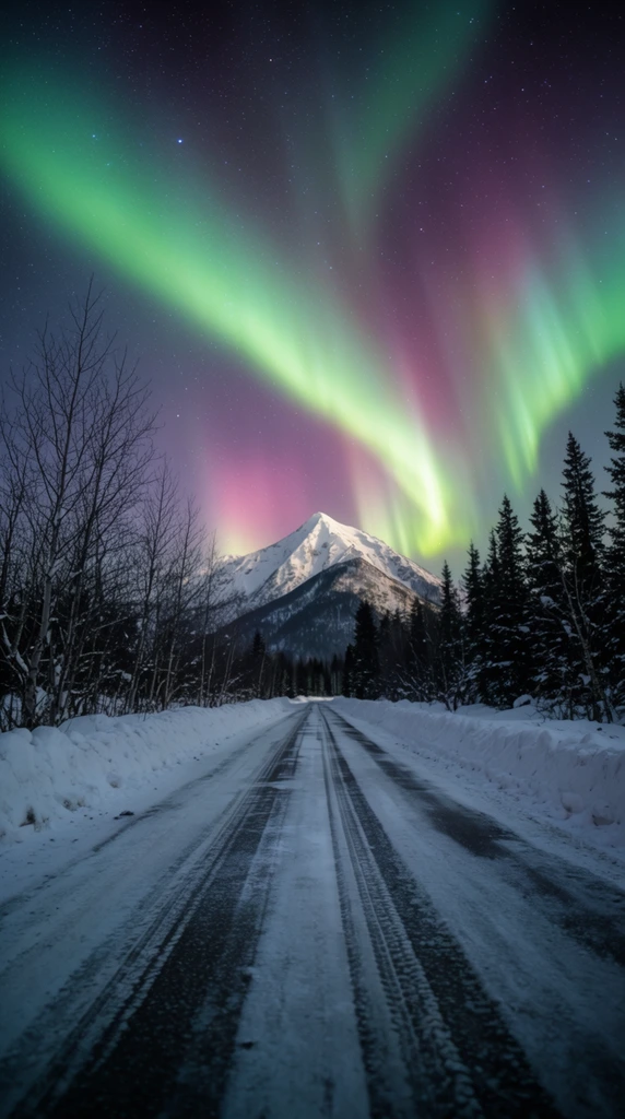 An icy, snow-covered road stretches straight toward a towering snow-capped mountain peak under a starry night sky filled with sweeping diagonal bands of neon green and soft magenta Aurora Borealis. Deep white snowbanks line the road, flanked by bare, spindly trees on the left and dark evergreen pines on the right. Parallel tire tracks in the icy asphalt create strong leading lines drawing the eye to the illuminated central peak. Captured with a wide-angle lens in a long-exposure night photography style, the low-light composition highlights the vivid contrast between the glowing celestial phenomenon and the deep shadows of the frigid winter forest.