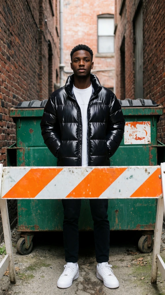 young Black man in a glossy black puffer jacket and white sneakers, standing behind an orange and white striped barricade, weathered green dumpster, rustic red brick alleyway