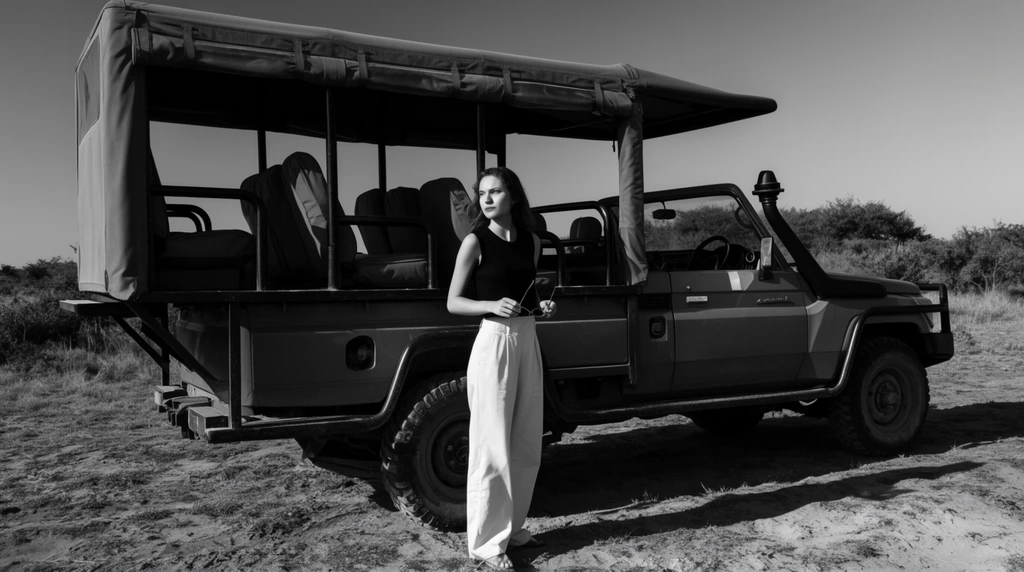 A young woman stands beside a rugged, open-sided off-road vehicle under a clear sky in a high-contrast black and white photograph. She wears a dark sleeveless top and loose light-colored trousers, holding sunglasses while looking off-camera. The heavy-duty safari truck features a canvas canopy, an open rear section with padded seats, rugged tires, and a high intake snorkel. The terrain is dry, uneven dirt with sparse grass, leading to low scrub bushes in the distance. Harsh directional sunlight casts sharp, deep shadows across the vehicle and the dusty ground.