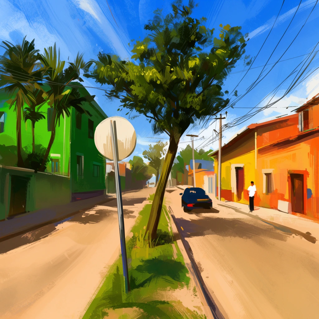 sunlit dusty street scene, digital painting with visible expressive brushstrokes, divided road with a narrow grassy median, leaning tree and blank round signpost in the center foreground, vivid green building with palm trees on the left, warm orange and yellow building on the right, dark blue car driving away, pedestrian in a white shirt on the sidewalk, overhead power lines, bright blue sky with wispy clouds, strong cast shadows, vibrant colors, high contrast impressionistic concept art style