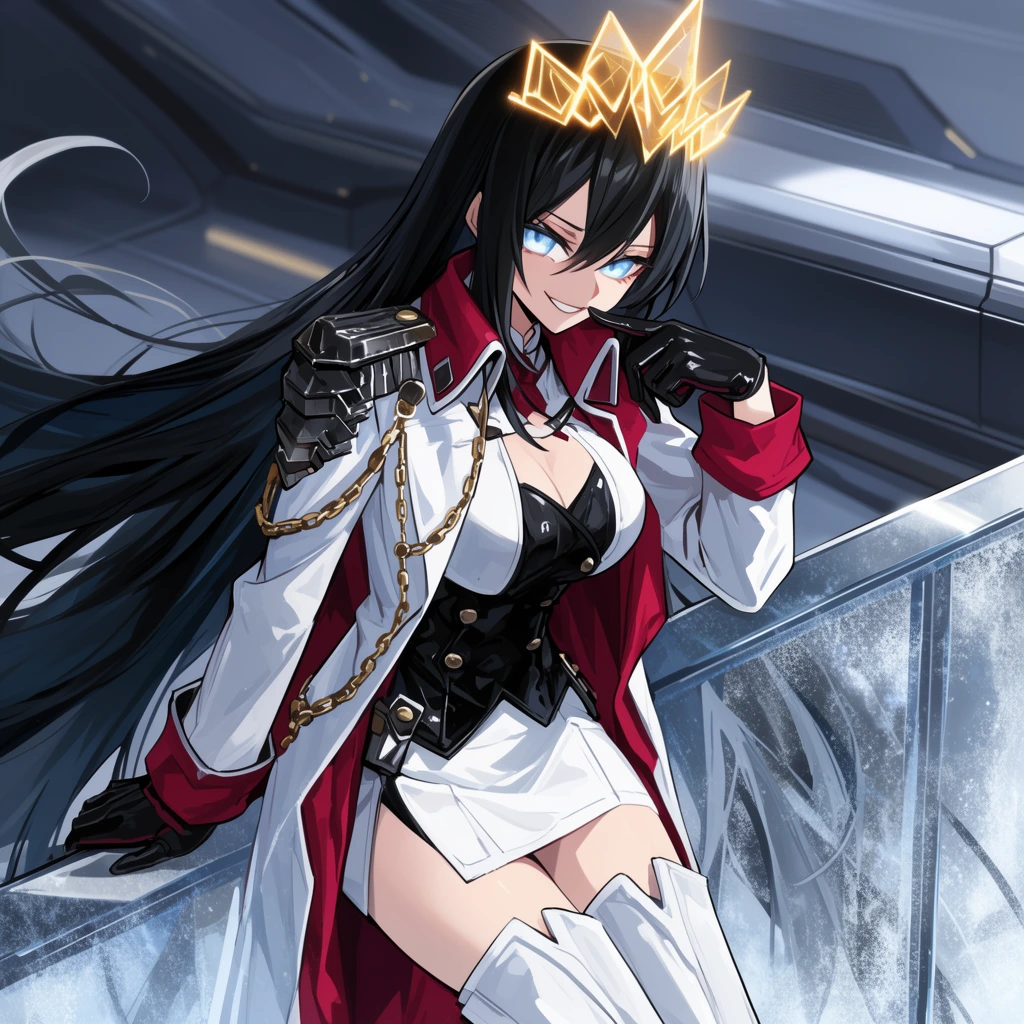 smirking anime female commander, long flowing jet-black hair, icy blue eyes, glowing geometric golden crown, crisp white naval trench coat with crimson accents, dark metallic epaulettes, gold chain details, black corset, thigh-high white boots, black leather gloves, one finger playfully touching her lip, leaning against a frosted glass railing, sleek futuristic metallic bridge background, dramatic lighting, sharp anime art style, crisp cell shading, dynamic angle