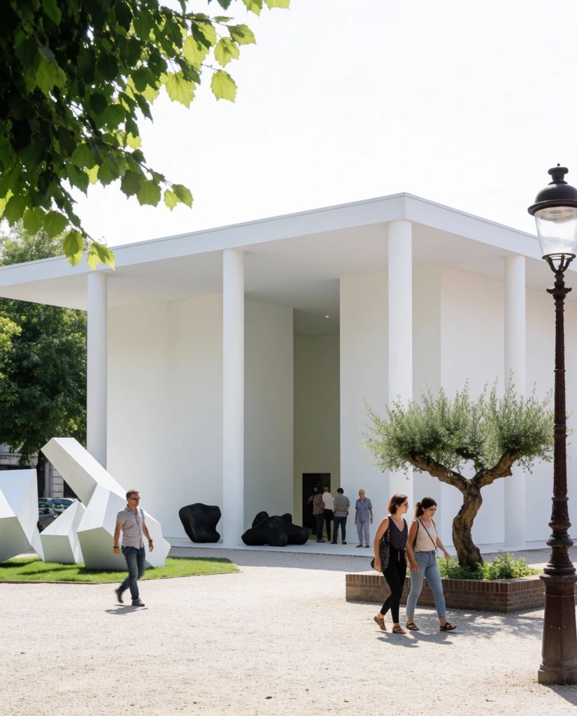 A stark white pavilion with tall smooth columns anchors a sunlit gravel plaza. People stroll across the foreground, including two women passing a twisted tree in a brick planter and a dark ornate lamppost. To the left, a man walks near angular white geometric sculptures on a grass patch. Dark abstract shapes rest near the recessed entrance where smaller figures gather. Green foliage frames the upper left corner of this bright, eye-level architectural photograph.