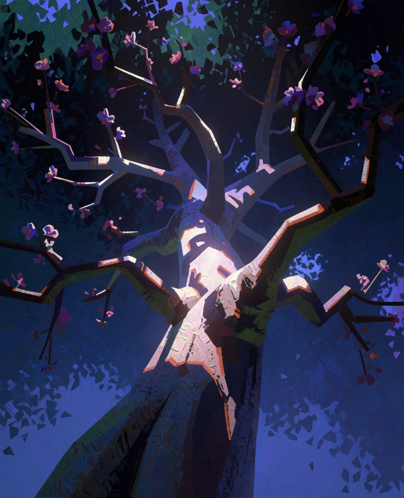 painterly digital illustration, thick gnarled tree trunk centered, heavy impasto brushstrokes, scattered delicate flowers across angular branches, dramatic high-contrast top-down lighting, glowing highlights on textures, deep midnight blue and violet color palette, moody atmospheric perspective, visible digital texture, blocky geometric stylization, ethereal rim lighting, rough expressive strokes, dark silhouette elements against a glowing background, artistic and textured finish.