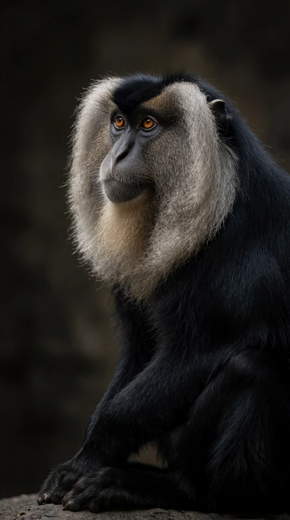 majestic lion-tailed macaque, striking amber eyes, voluminous silver mane framing a black face, seated profile looking left, chiaroscuro lighting, dark textured background, fine art wildlife portrait