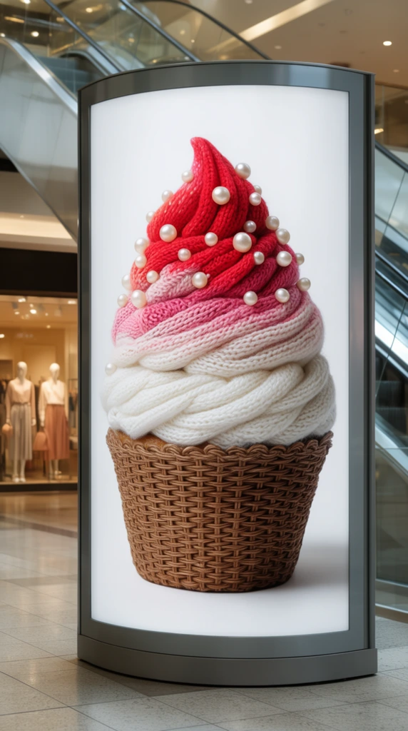 curved advertising lightbox in a shopping mall, poster of a surreal cupcake sculpted from folded knit clothing, brown woven wicker basket base resembling a wrapper, stacked layers of thick sweaters forming soft-serve frosting, white fabric transitioning to vibrant red and pink at the peak, pearl pins acting as sprinkles, stark white poster background, blurred mall interior with glass escalators and a boutique storefront with dressed mannequins, photorealistic advertising photography, trompe l'oeil composition