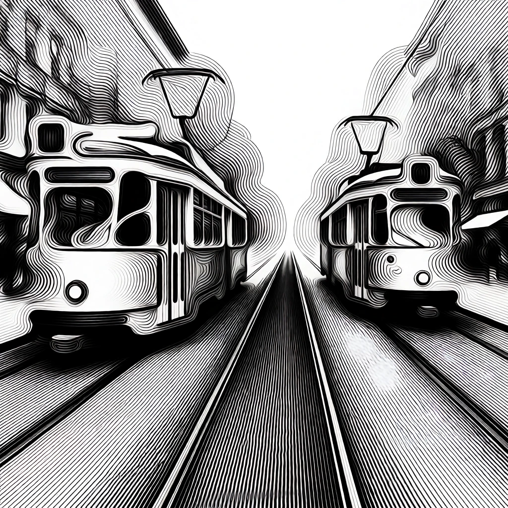 two trams flanking tracks on a city street, monochromatic generative line art, rhythmic moiré patterns defining silhouettes, fluid undulating ribbons of fine black ink lines, topographic contouring, high-contrast minimalist aesthetic, overlapping rhythmic curves on a stark white background, kinetic visual energy, ethereal transparency, optical art, precise vector linework, abstracting urban geometry into organic fluid dynamics and sweeping line densities