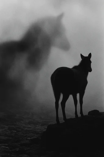 Monochrome Liminal Noir style reference image — dense atmospheric fog