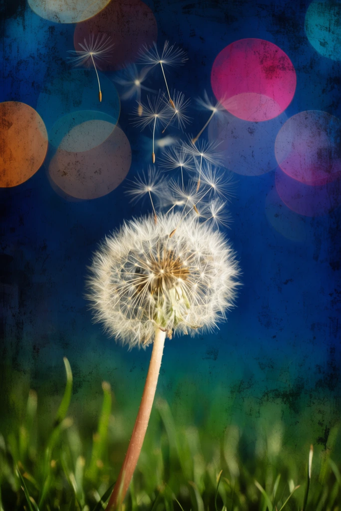 glowing dandelion seed head dispersing seeds upward, dark textured blue background, colorful large bokeh circles, blurred green grass foreground, grunge overlay, macro photography