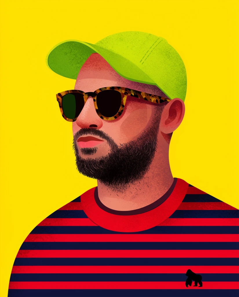 Digital pop-art portrait of a bearded man in a lime-green cap and tortoiseshell sunglasses. He wears a red and navy horizontally striped sweater featuring a small black gorilla silhouette. The illustration uses textured skin tones set against a flat, bright yellow background.