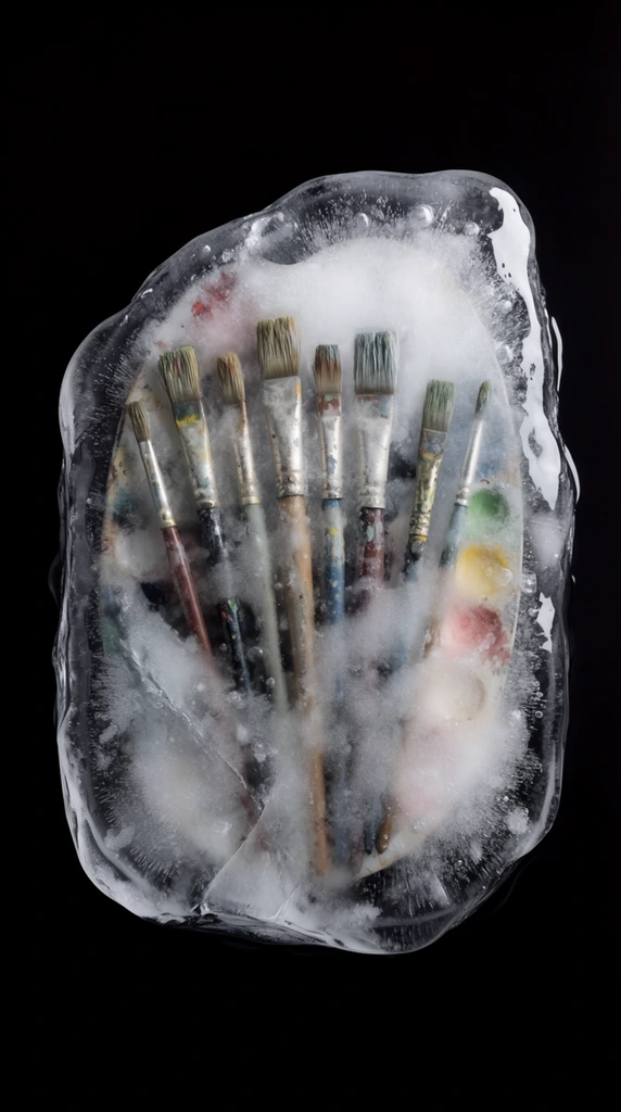 Eight paintbrushes resting on a paint palette, entirely encased within a thick, irregular, translucent monolith of solid ice. The frozen block is centered against an absolute pitch-black background, creating a high-contrast chiaroscuro effect. Soft, directional studio lighting strikes the front of the ice, producing stark white, gleaming highlights on the wet, glossy exterior. The asymmetrical ice formation features rough outer edges, internal crystalline fractures, trapped air bubbles, and dense patches of opaque white frost. The thick ice visually softens and desaturates the colors of the trapped bristles, handles, and palette beneath cloudy, refractive layers. The fine art photography composition focuses on the icy, granular textures and the obscured painting tools suspended motionless within the center of the dark void.