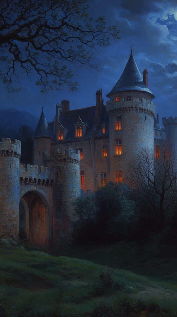 large medieval stone castle at night, glowing warm orange illuminated windows, dark blue cloudy sky, cylindrical tower with conical roof, large arched stone gateway, silhouetted bare trees and dense foliage, dark rolling grassy hills in foreground, sprawling tree branch hanging in upper left, moody atmospheric moonlight, cool blue exterior contrasting with warm candlelight, detailed oil painting, romanticism landscape