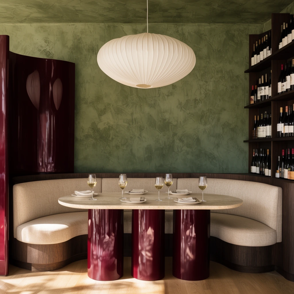 modern corner dining booth, textured olive green plaster walls, curved beige upholstered banquette seating, oval stone table on glossy burgundy cylindrical bases, table set with wine glasses, large ribbed white paper pendant light, dark wood shelving displaying wine bottles, glossy curved burgundy partition, warm natural sunlight, high-end interior design photography