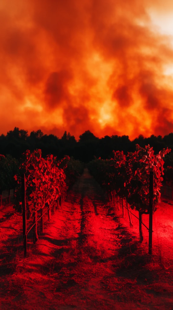 vineyard rows bathed in harsh crimson red light, dark grapevine silhouettes, massive glowing orange wildfire smoke filling the sky, dark tree horizon, apocalyptic high contrast photojournalism