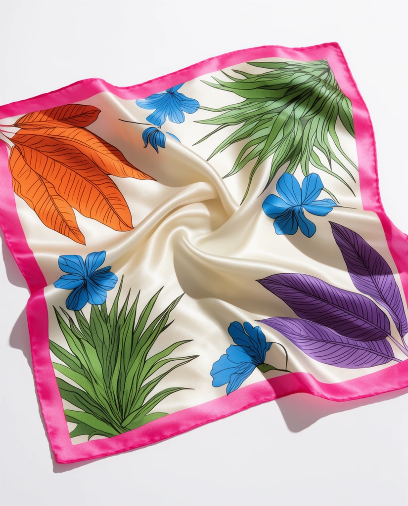A softly draped square silk scarf with a vibrant tropical botanical print rests on a stark white surface. The glossy cream fabric features stylized, black-outlined flora, including large orange and purple leaves, spiky green plants, and bright blue flowers, all framed by a bold hot pink border. Captured overhead with high-key studio photography, directional light casts distinct shadows to the lower left, highlighting the luminous sheen and gentle folds of the textile.