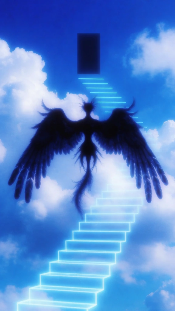 surreal dreamcore composition, low-resolution aesthetic with grainy textures, vibrant cerulean sky filled with soft white cumulus clouds, central silhouette of a floating creature with broad wings ending in long finger-like feathers, high contrast deep black silhouette against the bright sky, ethereal blue neon staircase leading to a floating dark doorway, soft atmospheric glow, nostalgic early internet cgi style, liminal space energy, saturated cobalt blue lighting, hazy dreamlike focus.