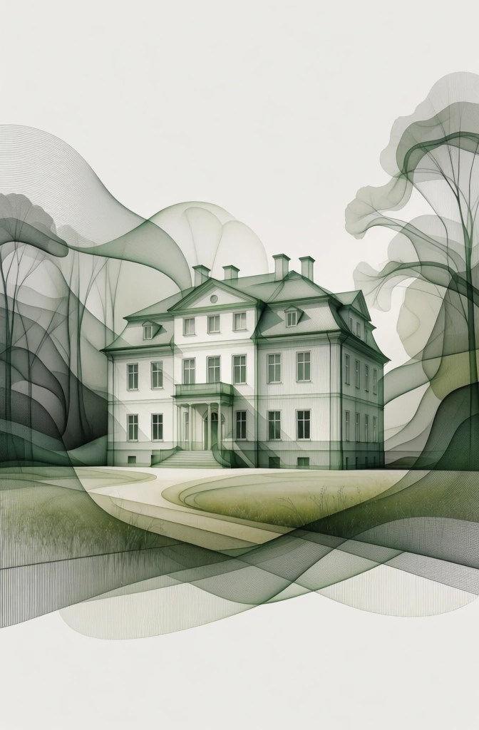 a three-story manor house in a grassy clearing, rendered as a sophisticated architectural form using fine parallel lines and overlapping mesh layers, minimalist composition against a neutral off-white background, organic flowing structures with moiré patterns, delicate wireframe aesthetic, monochromatic sage and olive green palette, ethereal transparency, high-end generative art style, soft diffused lighting, intricate string-art textures, professional minimalist brand agency aesthetic.