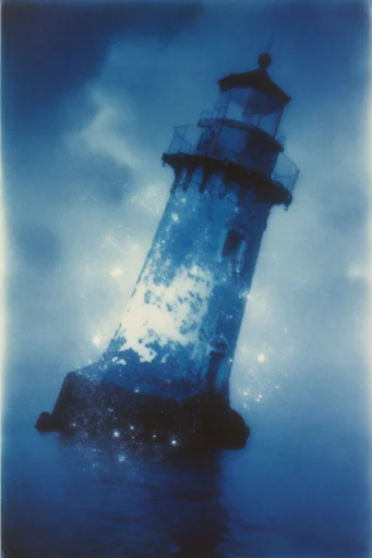 Ethereal Indigo Cyanotype style reference image — stippled atmospheric haze