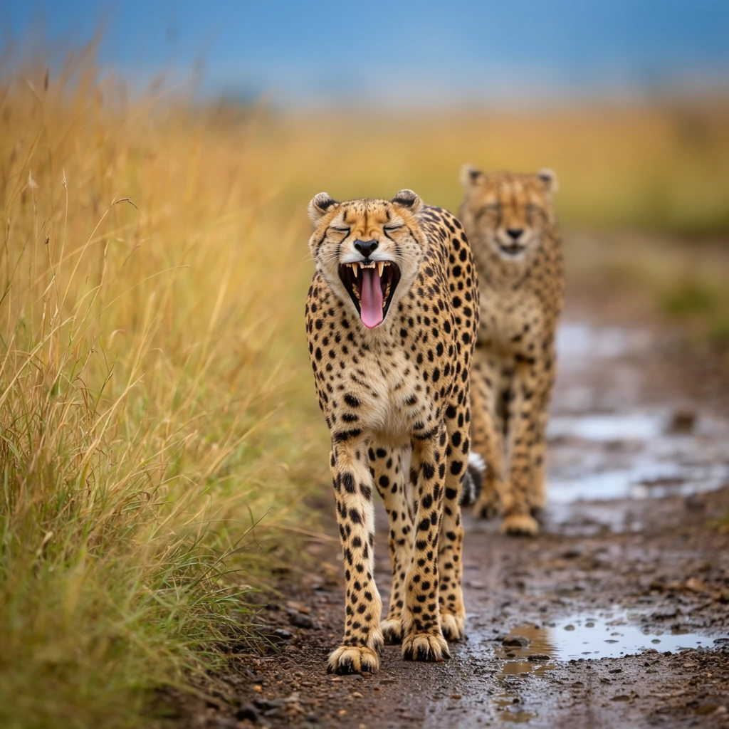 A cheetah strides forward on a wet, muddy dirt track with its mouth stretched wide in a massive yawn, exposing sharp canines and a bright pink tongue. The feline's eyes are squeezed tightly shut, highlighting its dark tear marks and densely spotted coat in crisp focus. A second cheetah follows closely behind in a softer depth of field. Small puddles on the rugged path reflect soft, diffused daylight. Tall, dry yellow and green savanna grass flanks the left side of the track, while the background dissolves into a smooth bokeh of golden plains and a muted blue sky. Shot with a telephoto lens, the wildlife photography contrasts the dramatic facial expression of the front animal with the beautifully blurred natural landscape.