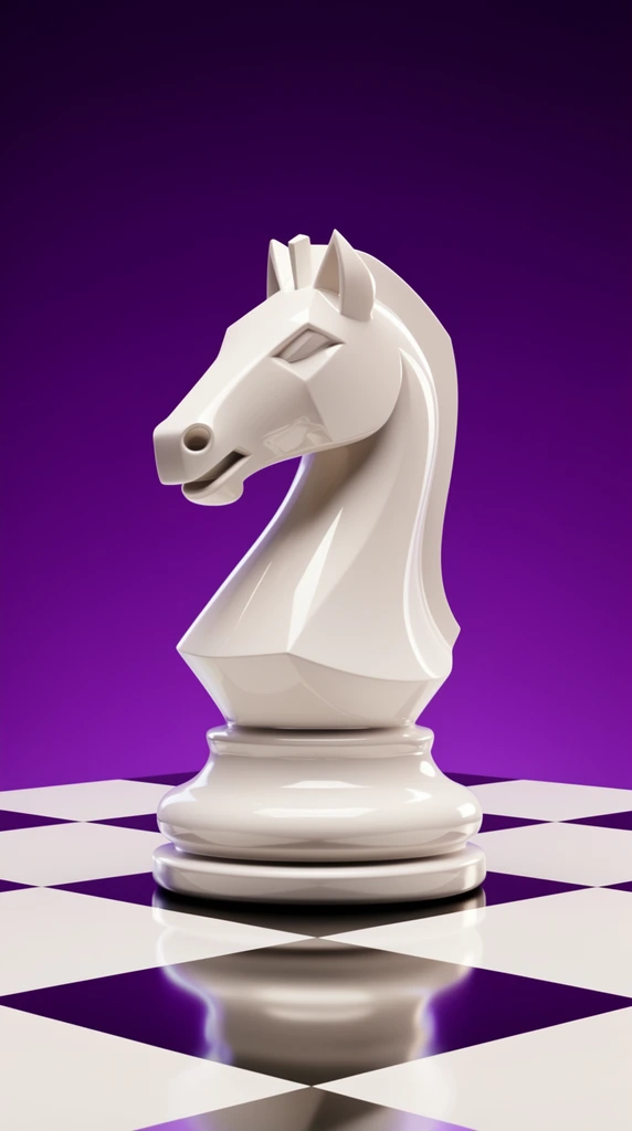 white knight chess piece, stylized glossy horse head with sharp curves and round base, reflective checkered board with white black and purple squares, seamless deep purple gradient background, 3D render, studio lighting, crisp focus, minimalist high contrast composition, glossy reflections