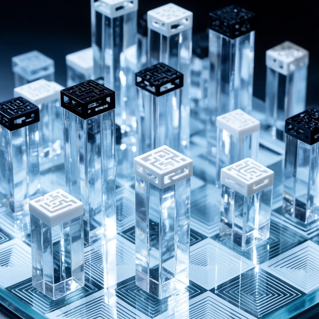 A cluster of transparent, rectangular prisms stands on a patterned glass board, resembling a glowing miniature cityscape. The varying-height pillars are crafted from clear, solid acrylic, catching sharp internal reflections and bright specular highlights. Each vertical block is topped with a square cap in either stark black or opaque white, detailed with intricate, maze-like geometric cut-outs. These pieces rest on a reflective surface divided into a checkered grid, where alternating squares display etched concentric lines that form stepped optical illusions. The macro photography composition features cool, icy blue monochromatic lighting and high contrast. A shallow depth of field softens the taller background pieces into a dark void, emphasizing the crisp architectural edges and luminous transparency of the foreground.