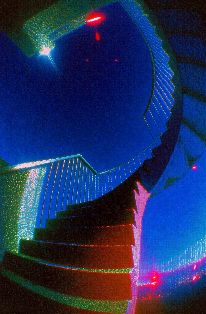 a brutalist concrete staircase curving upward toward a deep electric indigo night sky, nadir-view extreme low-angle perspective, heavy analog film grain and coarse digital noise, saturated cyan glow tracing the stair edges, intense hot magenta and red light leaks, high-contrast artificial lighting, surreal nocturnal atmosphere, 90s retro-futuristic lo-fi aesthetic, grainy stippled textures, sharp glints on hard surfaces, towering dreamscape composition