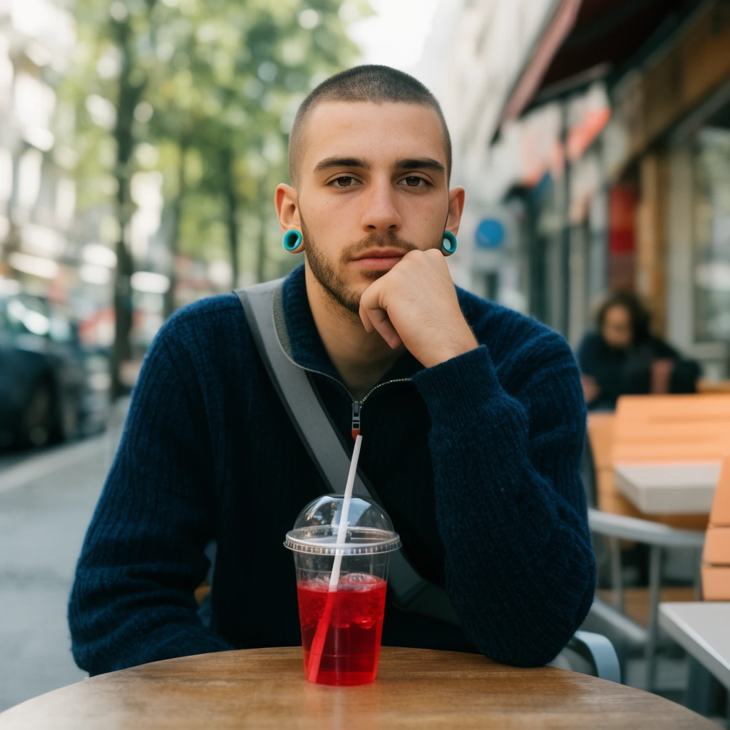 young man with buzz cut and short beard at outdoor cafe table, resting chin on hand, dark blue zip-up sweater, grey crossbody strap, turquoise ear gauges, direct gaze, clear cup with red drink and straw on table, blurred street background, shallow depth of field, natural light
