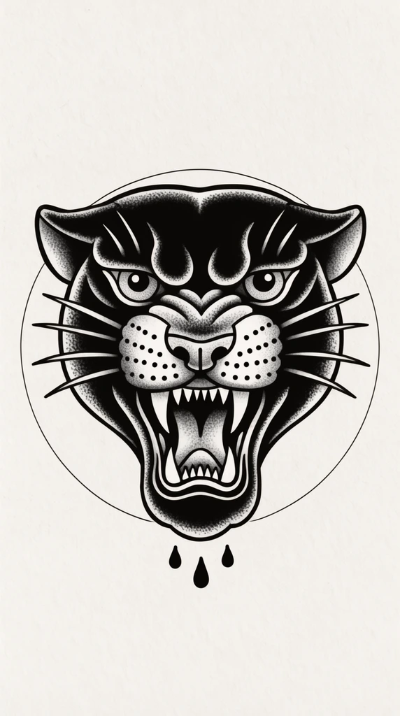Traditional black and white tattoo flash illustration of a snarling panther head, mouth wide open exposing sharp fangs and tongue, stylized expressive feline eyes, intricate stippling and pointillism shading across the muzzle and chin, three distinct dark ink drops falling from the lower jaw, framed by a minimalist thin circular outline, crisp bold linework, high contrast monochrome, off-white textured paper background, vintage graphic art aesthetic