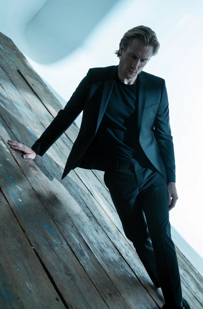 A man in a dark suit poses at a sharp diagonal angle against a weathered wooden surface under bright, cool-toned light. The man has light blonde hair swept back from his face and is dressed in a dark, slim-fit blazer worn over a matching dark t-shirt and trousers. He leans his body to the left, pressing his right palm flat against the textured wooden floor while his left arm hangs straight down at his side. He is looking downward with a neutral, focused expression. The flooring consists of wide, distressed wooden planks with visible grain, knots, and scattered blue paint marks. This wooden surface meets a bright, pale blue and white background at a steep diagonal, creating a sense of disorientation. The image uses a dramatic Dutch angle, tilting the entire scene significantly. High-contrast lighting originates from the upper right, casting deep shadows across the man's torso and the left side of his face while highlighting the texture of the wood and the sheen on his hair. The color palette is heavily desaturated with a strong cyan and blue cast, contributing to a cold and moody atmosphere. The full-body shot is captured from a low perspective, emphasizing the man's height and the extreme tilt of the composition.