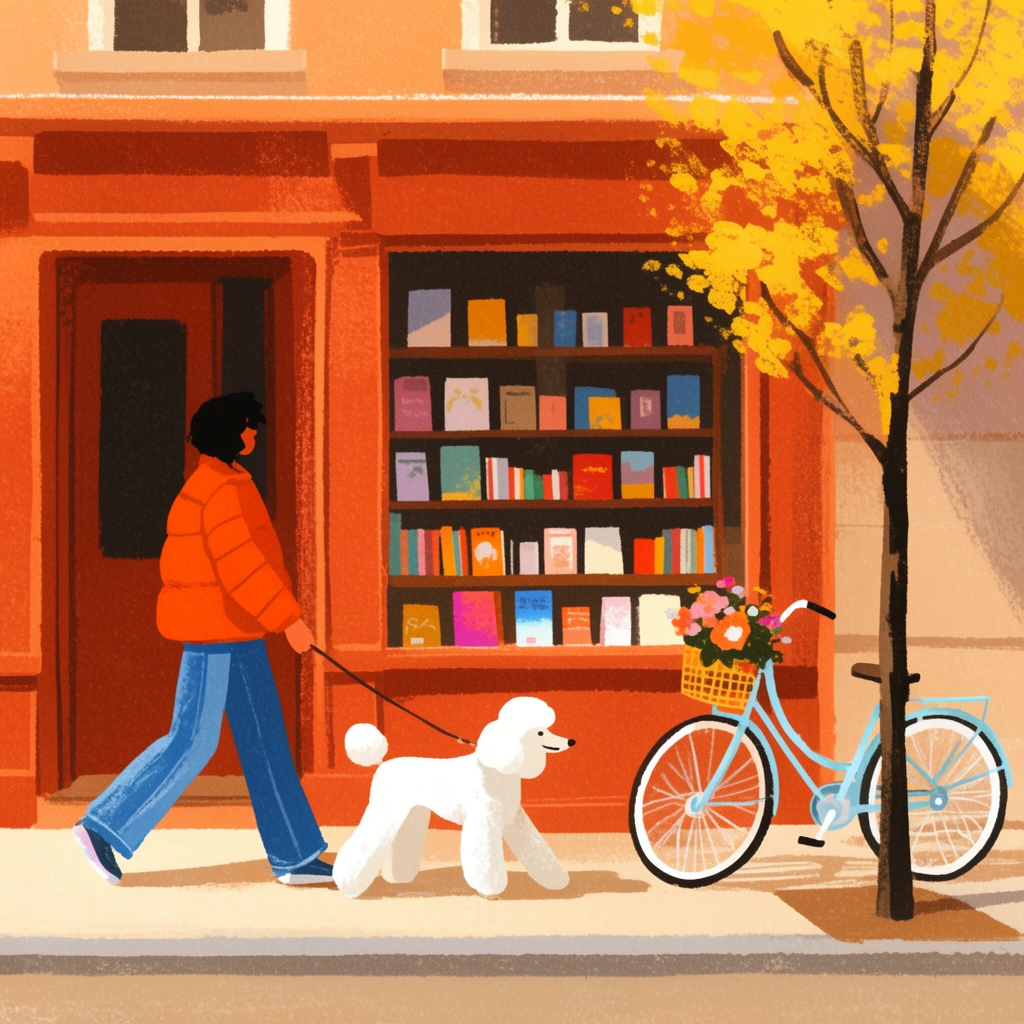 A textured digital illustration of a figure walking a white poodle past a warm terracotta storefront displaying colorful books. The person wears an orange puffy jacket and blue jeans. A light blue bicycle with a flower basket rests near a slender tree with yellow foliage. The composition uses flat color blocking, prominent grainy texturing, and soft angled shadows under warm sunlight.