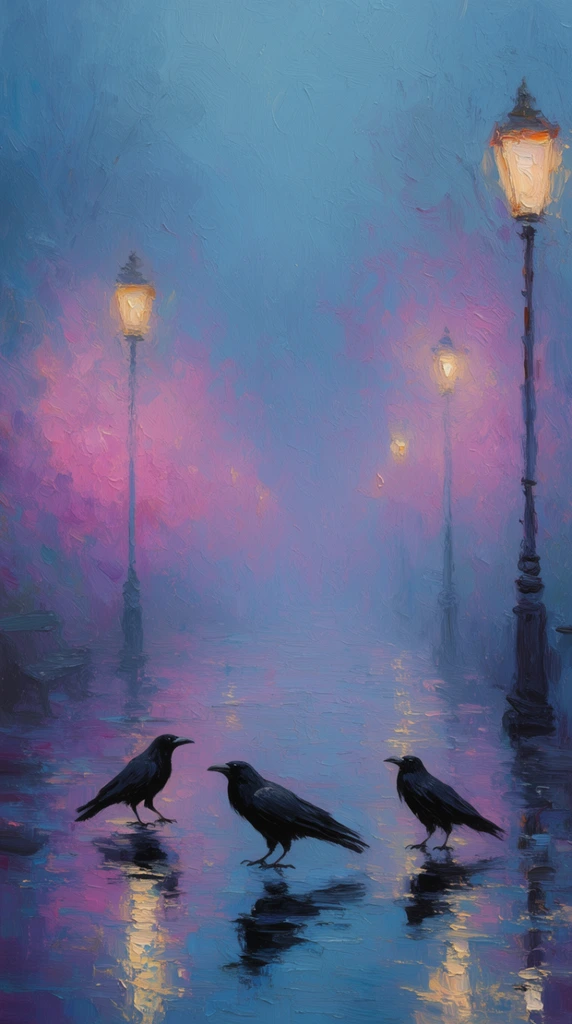 impressionist oil painting of a misty blue pathway, three black crows on wet reflective ground, glowing warm streetlamps, vibrant pink and purple mist, thick impasto brushstrokes, textured canvas