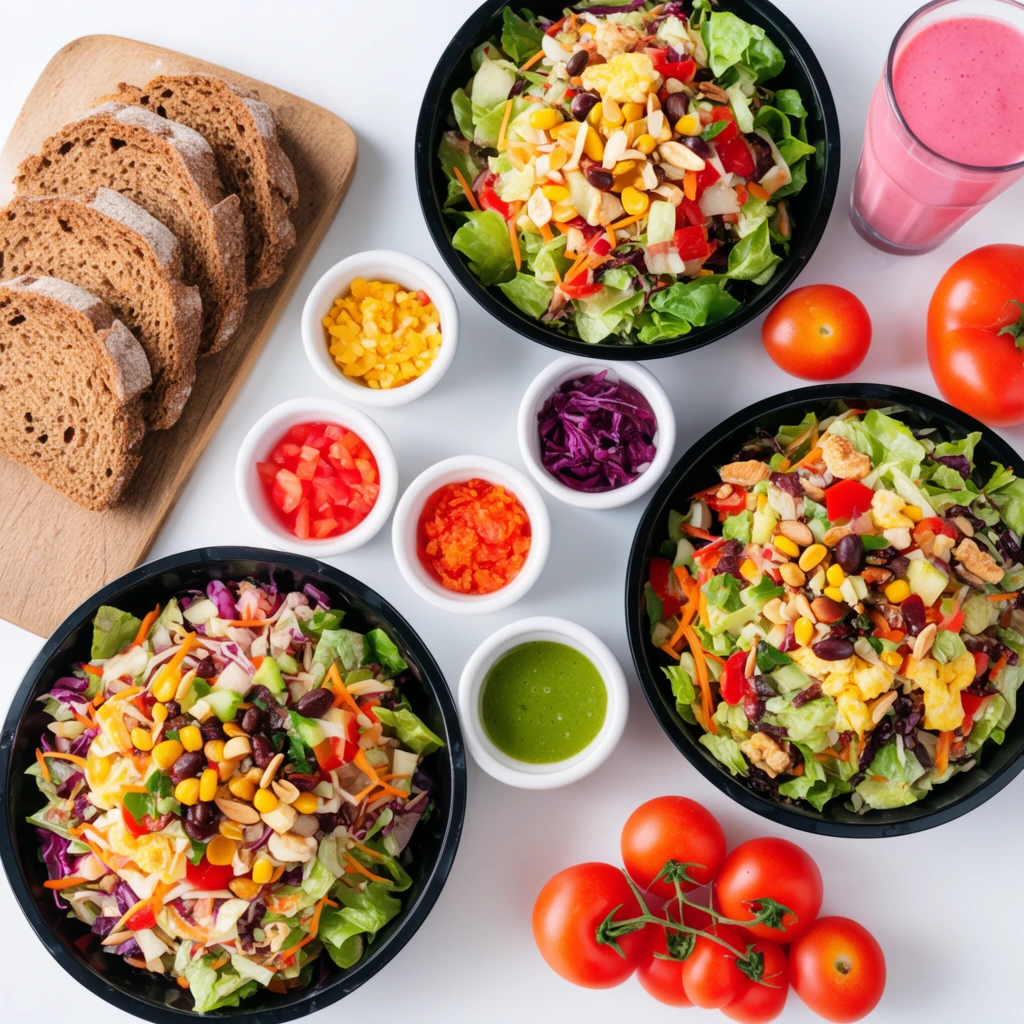 overhead flat lay of three black bowls with vibrant salads, rustic brown bread, small white ramekins of colorful toppings, fresh red tomatoes, tall glass of pink smoothie, bright white tabletop, vivid commercial food photography