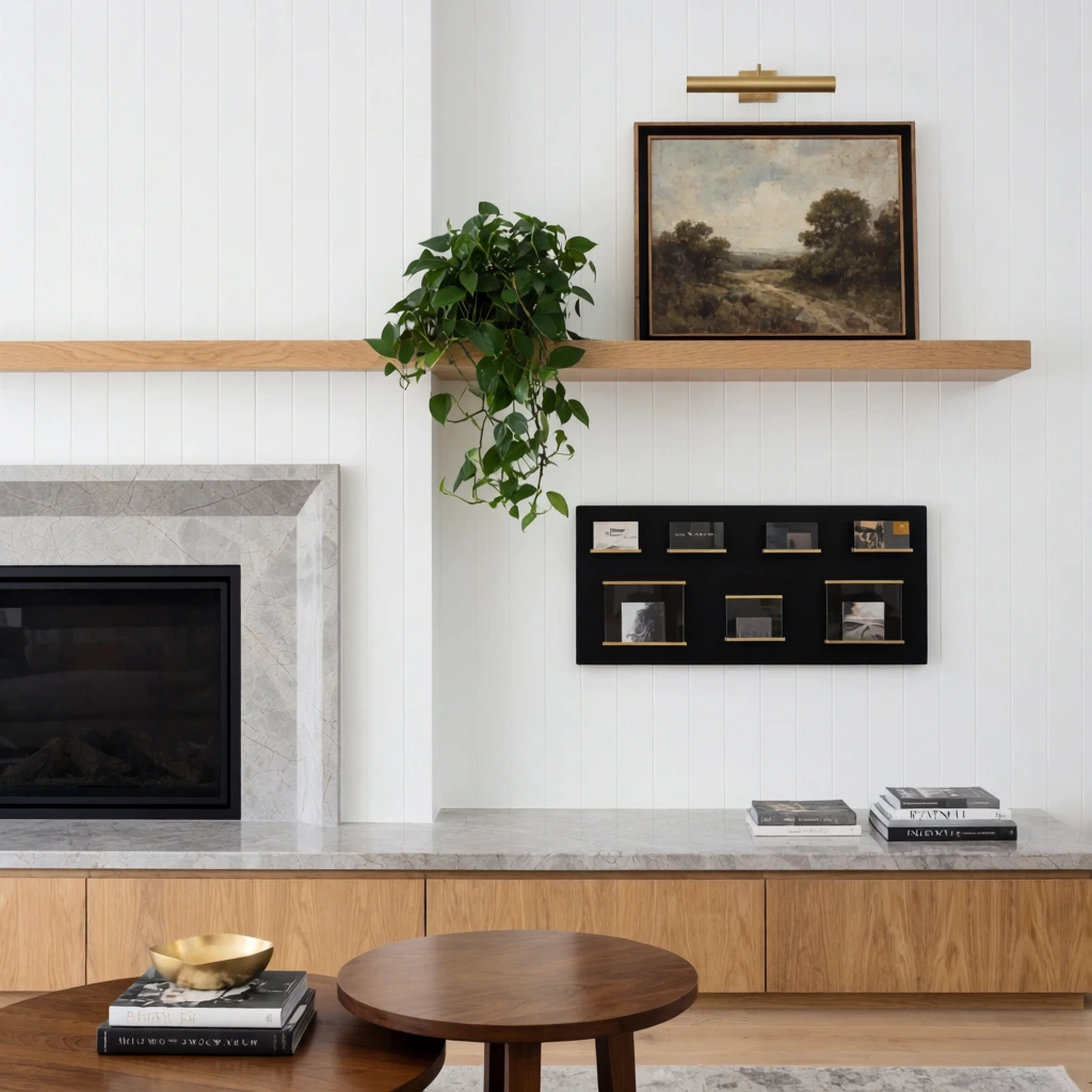 modern interior, white paneled wall, grey marble fireplace, floating oak shelf with cascading green plant and landscape painting, wall mounted black display, stone hearth over oak cabinetry, round wooden nesting coffee tables, gold accents, stacked books, bright natural lighting, clean contemporary design