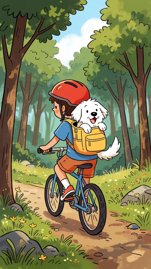 cyclist with backpack and happy white dog in forest, cartoon illustration, playful whimsical vibe