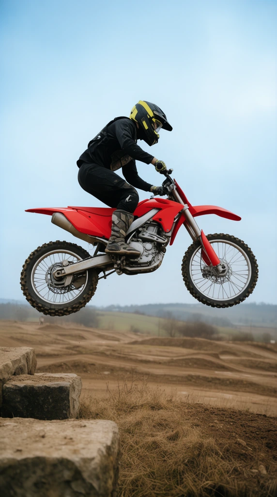 Motocross rider mid-air on a red dirt bike, rider in black protective gear and helmet with yellow accents, dynamic side profile jump, red off-road motorcycle, knobby tires, exposed silver engine, overcast pale blue sky, sprawling dirt track below, rolling hills, dry brown grass, rough stone blocks in foreground, low angle action photography, frozen motion