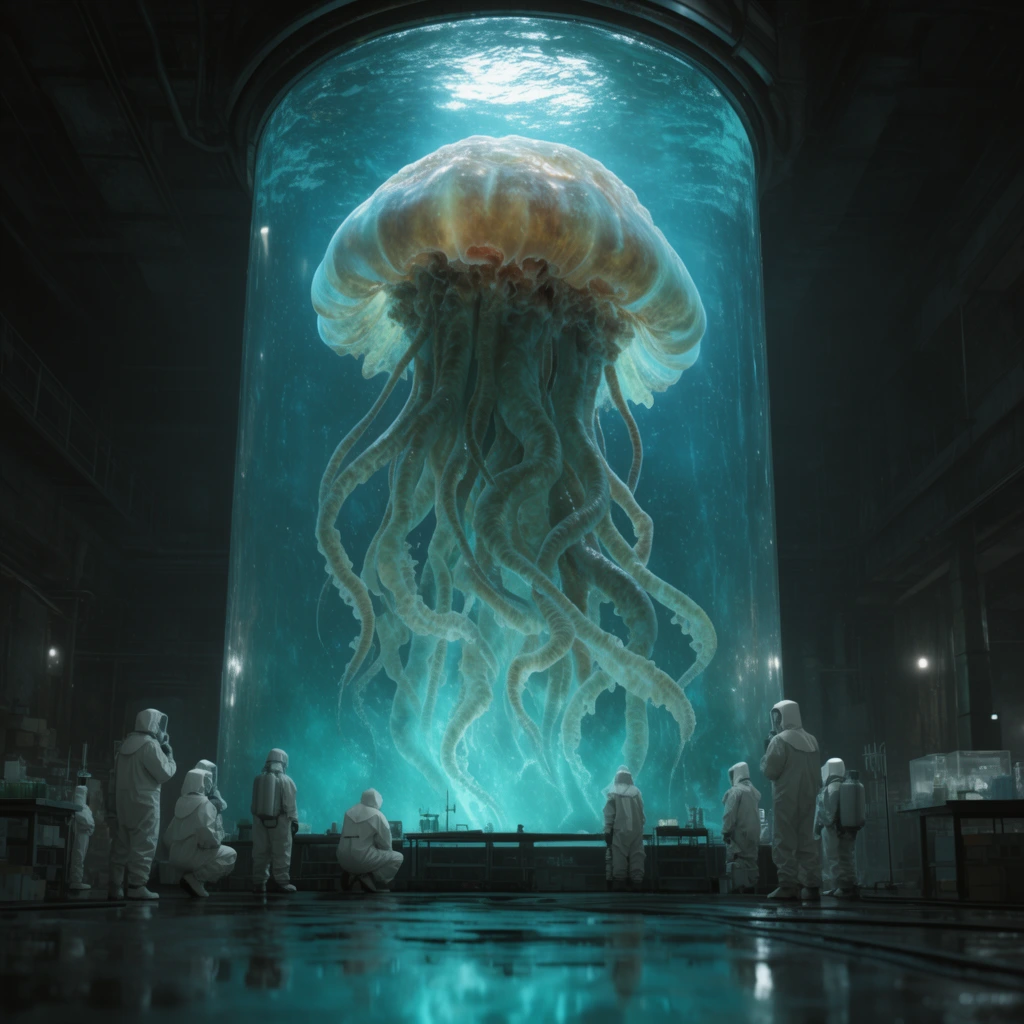 Massive alien jellyfish creature inside a towering cylindrical glass tank, glowing cyan liquid, thick writhing tentacles, tiny scientists in white hazmat suits observing at the base, dark industrial laboratory, cinematic lighting, photorealistic sci-fi concept art, wet floor reflection