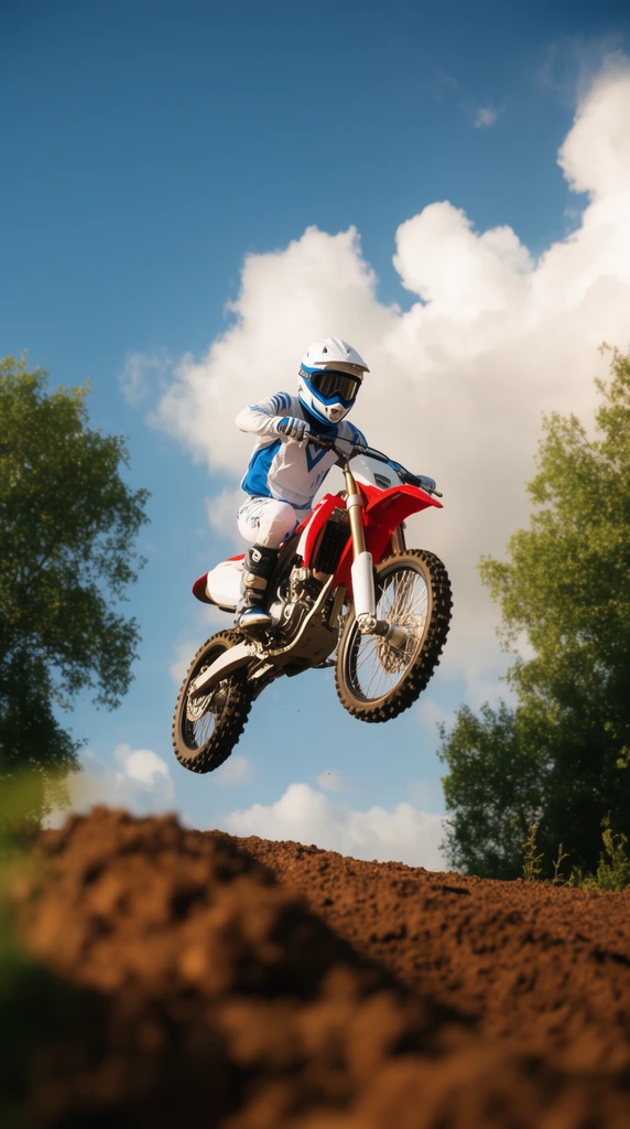 motocross rider mid-air on red and white dirt bike, wearing white and blue racing gear and helmet, high altitude jump against bright blue sky and fluffy clouds, blurred brown dirt mound in foreground, framed by green trees, low angle action photography, warm sunlight, dynamic motion