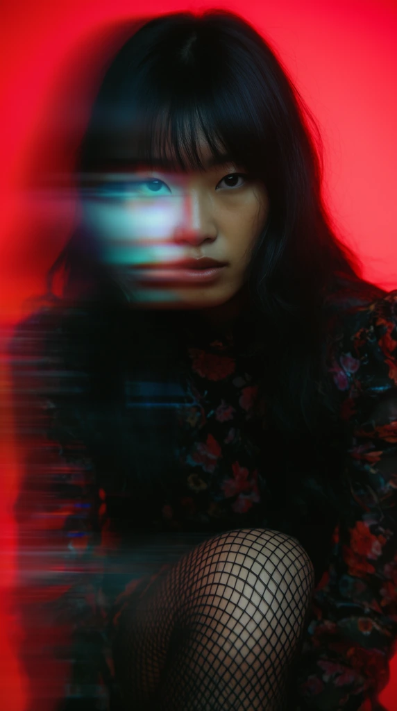 East Asian woman with long dark hair and bangs, intense direct gaze, dark floral top, fishnet tights, experimental long exposure portrait, horizontal motion blur creating a double exposure trail to the left, vibrant neon red background, cyan chromatic aberration on the blurred features, cinematic moody lighting