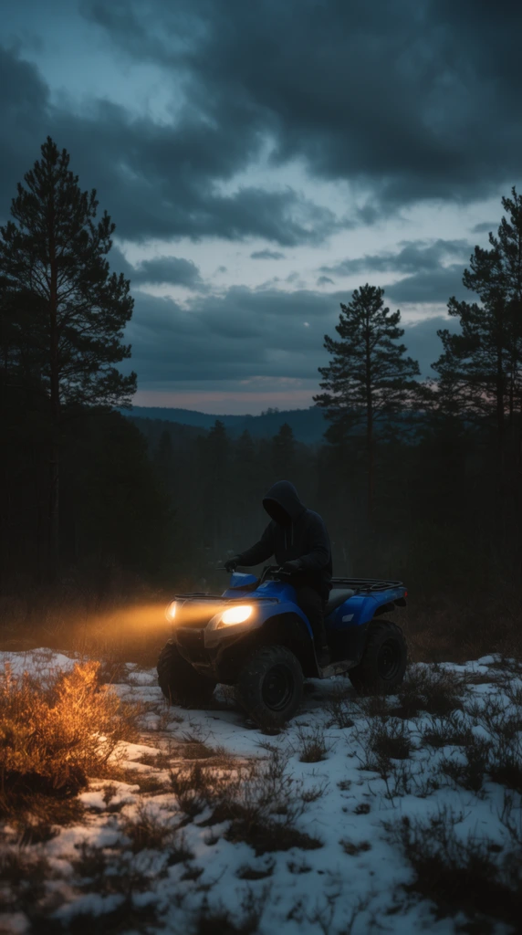 hooded figure on a blue ATV, warm headlight beam illuminating patchy snow and brush, twilight forest, tall pine trees, distant hills, dramatic cloudy sky