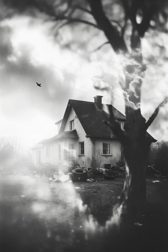 Cinematic Monochrome Noir style reference image — surreal double exposure