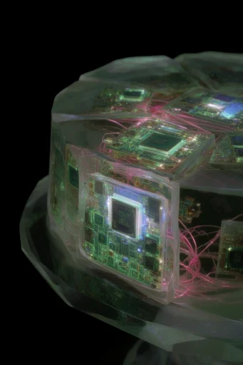 Bioluminescent Techno-Organic Synthesis style reference image — refractive glass textures