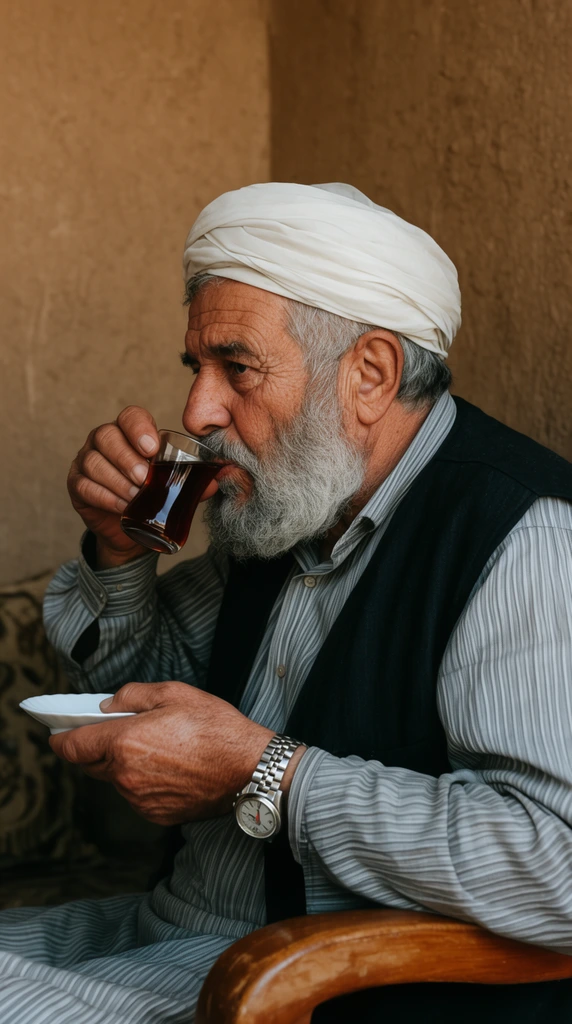 elderly man in profile with weathered skin and thick gray beard, drinking dark tea from a small clear glass, holding a white saucer, wearing a wrapped white turban and dark vest over a striped shirt, silver wristwatch, arm resting on a curved wooden armrest, textured earthy brown plaster wall background, soft directional lighting, documentary portrait photography, sharp focus, warm natural color palette