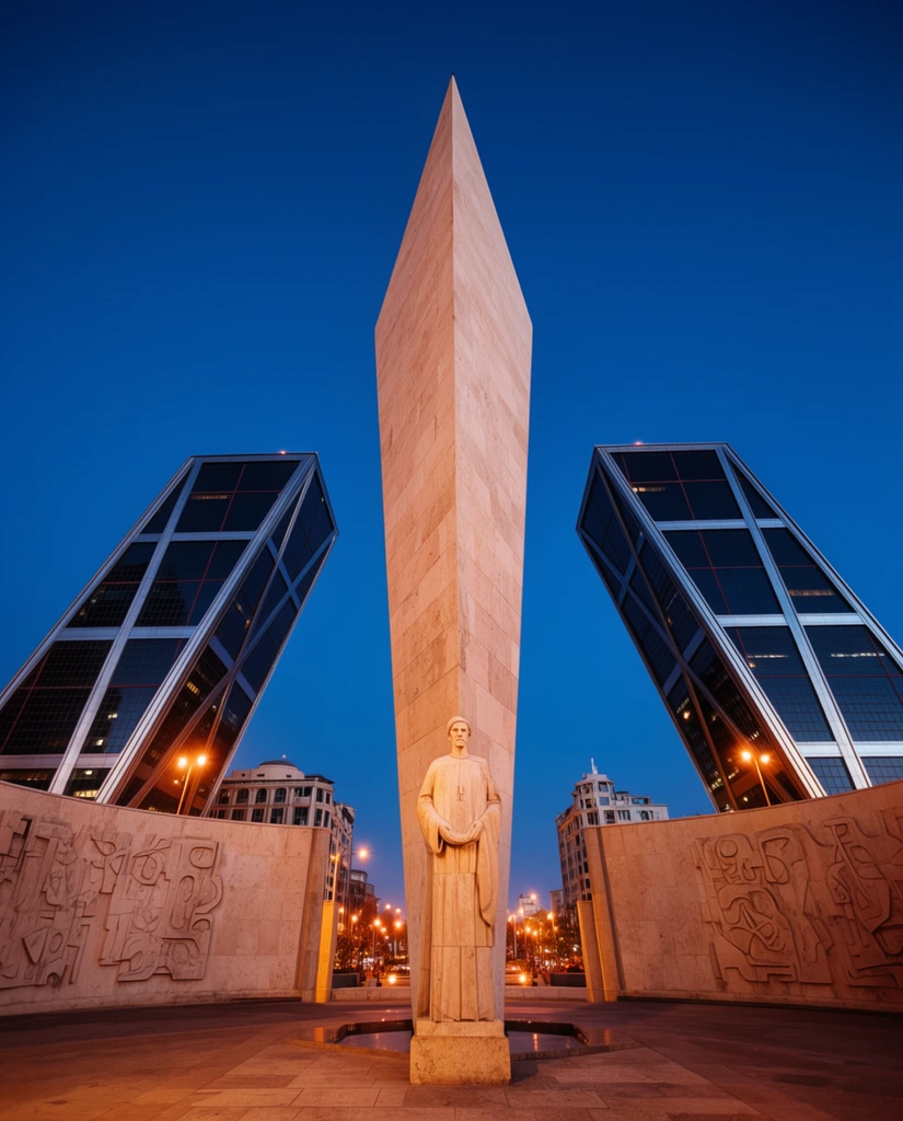 monumental diamond-shaped stone obelisk, robed stone statue standing at the base, flanked by two identical dark glass skyscrapers leaning sharply inwards, bold metallic grid structures on the building facades, curved stone walls with abstract carved reliefs in the foreground, warm orange streetlights illuminating the plaza, deep blue twilight sky, dramatic low angle perspective, striking architectural symmetry, modern urban twilight photography
