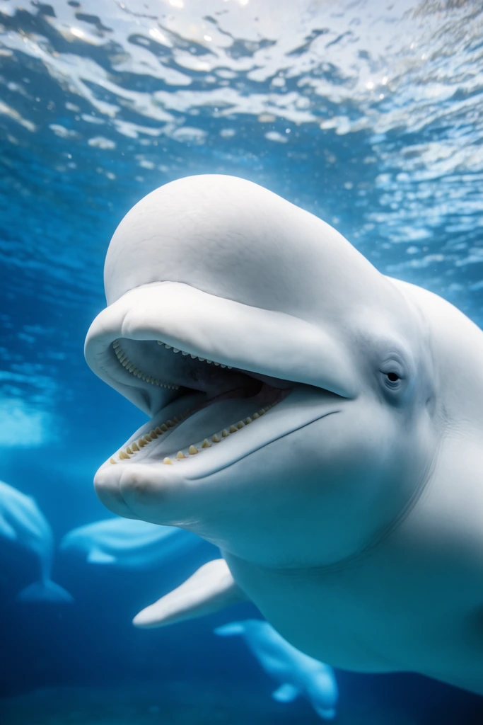 close-up of a white beluga whale, open mouth revealing small teeth, prominent bulbous forehead, vivid blue underwater environment, sunlight filtering through rippling water surface, out-of-focus background with distant whales
