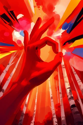 Luminous Crimson Canopy style reference image — crimson and orange color palette