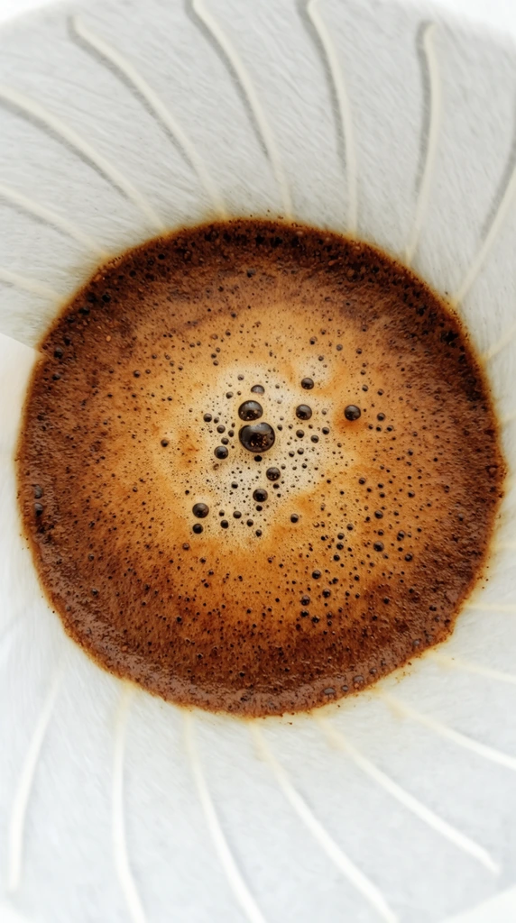 A top-down, extreme close-up view of coffee grounds blooming in a white paper filter. The coffee forms a near-perfect circle in the center, exhibiting a rich, warm brown color with a lighter, golden-brown crema-like foam bubbling on the surface. Numerous tiny bubbles of varying sizes pepper the surface, with a few larger, darker bubbles clustered near the center. The wet coffee bed has a textured, porous appearance. Surrounding the coffee, the pleated white paper filter radiates outwards in a sunburst pattern, creating a stark contrast in color and texture. The lighting is soft and even, highlighting the intricate details of the bubbles and the damp texture of the coffee grounds. The framing focuses entirely on the filter and its contents, creating a minimalist, almost abstract composition.