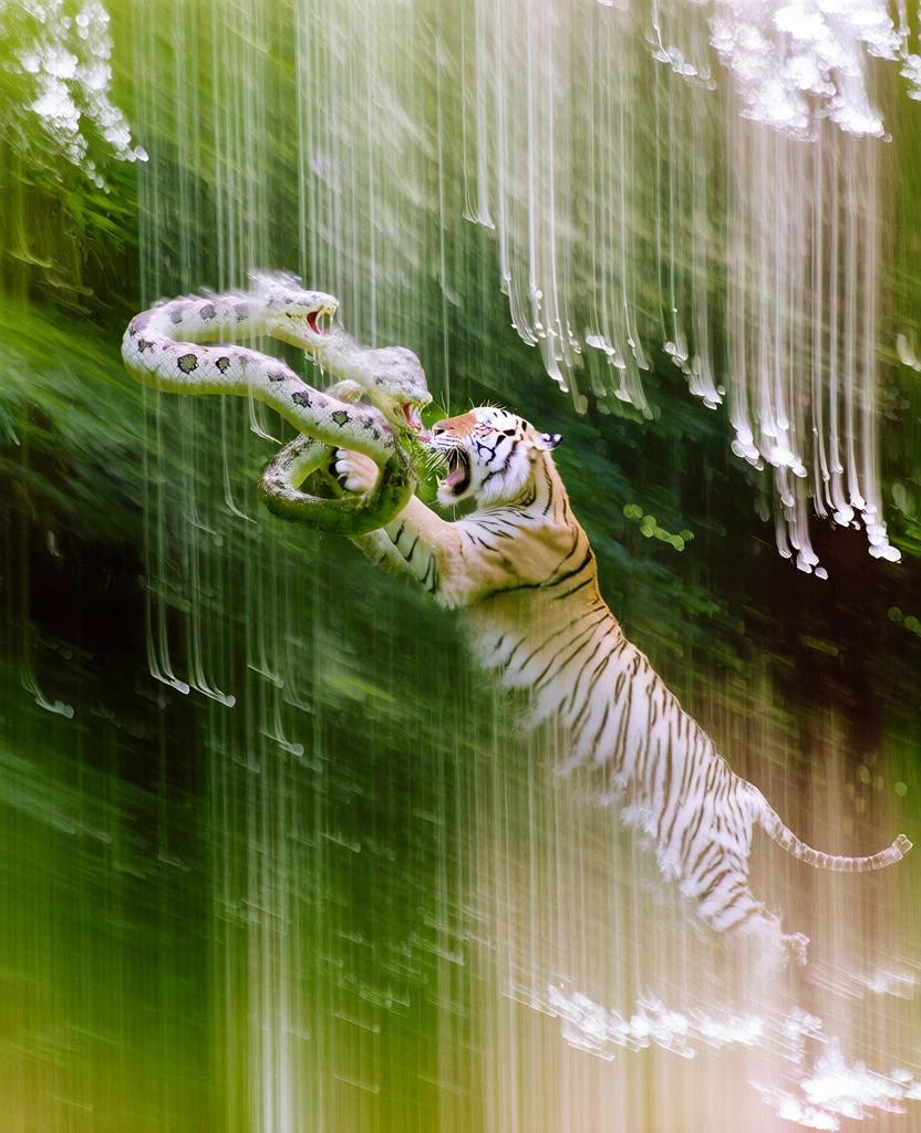 cinematic long exposure, intentional camera movement, vertical motion blur, ethereal light trails, impressionistic aesthetic, majestic tiger in physical struggle with a serpent, snake wrapped in multiple coils, primal battle, orange and black stripes, emerald scales, deep jungle background, soft diffused highlights, vertical light streaks falling like rain, high-tension composition, dreamlike atmosphere, fine art aesthetic, soft focus, high-contrast vertical streaks