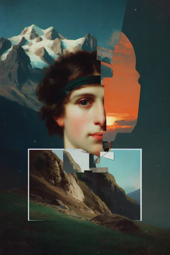 Fragmented Classical Assemblage style reference image — anachronistic collage