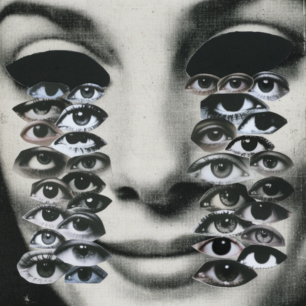 A surreal monochromatic mixed-media collage centering on a faintly visible, grainy background portrait of a softly smiling face. Two large, dark, irregular almond shapes obscure the natural eye area, forming distinct voids. Cascading downward from these dark shapes are multiple overlapping cut-outs of diverse human eyes. The assorted eye clippings vary in contrast, size, and lighting, creating a dense, textured vertical column on each side of the central face. The artwork utilizes a raw, low-fidelity xerox aesthetic characterized by heavy film grain, halftone patterns, visible distressed paper textures, and stark grayscale tones.