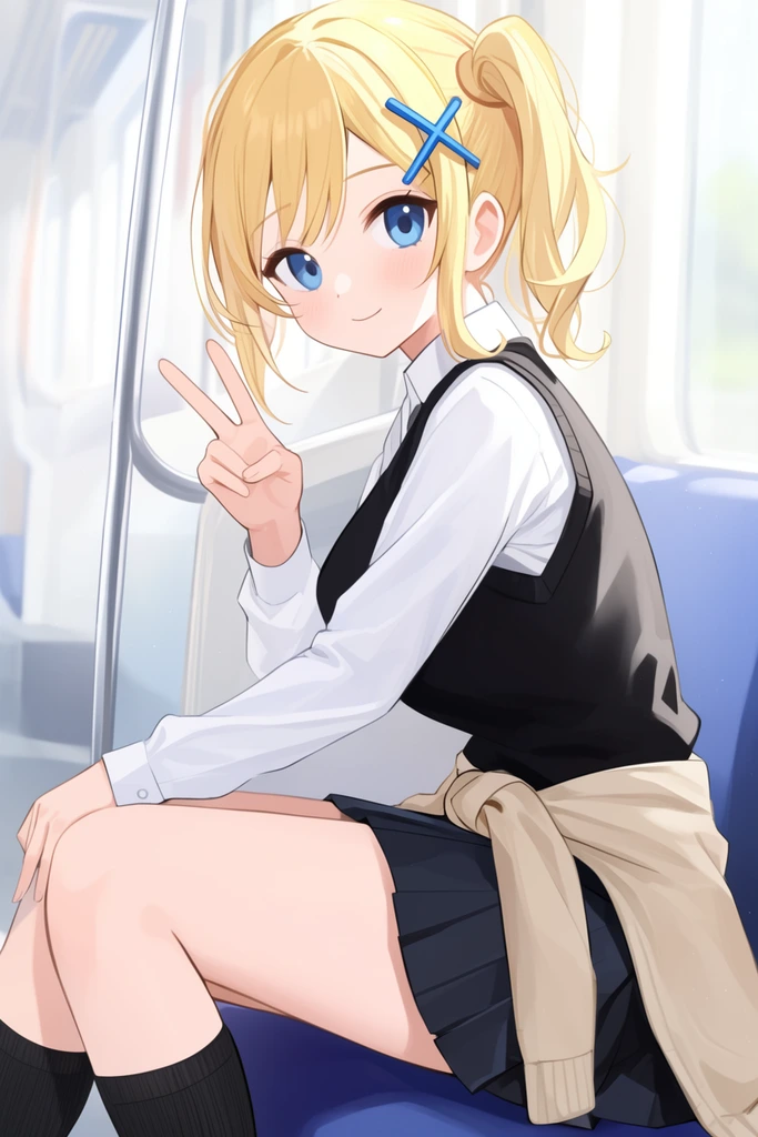 anime illustration, young woman, blonde side ponytail, blue cross hairclip, black vest, white shirt, beige sweater tied at waist, dark pleated skirt, black knee socks, looking over shoulder, peace sign, bright train interior, soft lighting